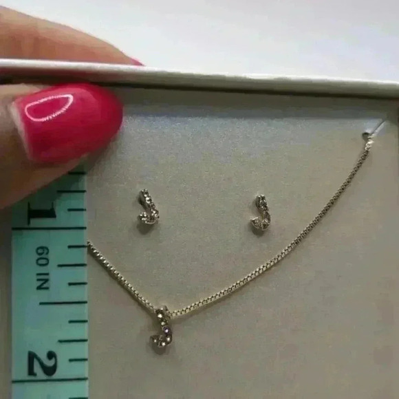 NEW Letter J Initial Earrings and Necklace in Silvertone with Rhinestone - Picture 3 of 3
